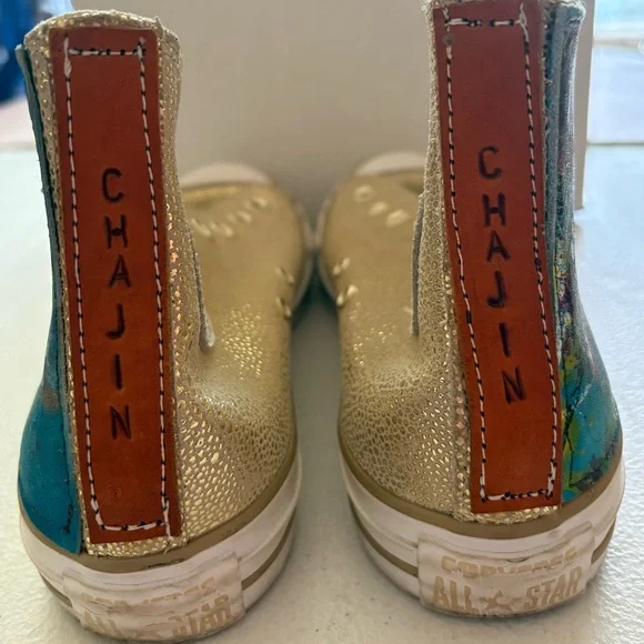 Converse Gold Leather with Custom leather panels painted by Annie Chajin. OOAK - Picture 4 of 11